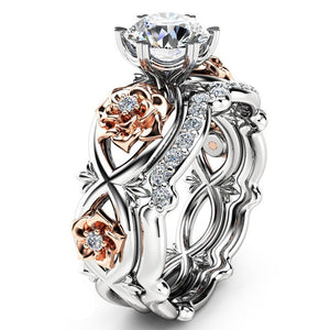 Zircon Inlaid Rose Gold Flower Heart Platinum Ring Set