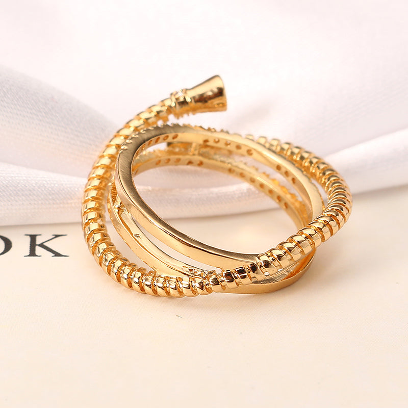 Luxury Sterling 24K Gold Plated Unique Screw Thread Three Round Overlapping Rings Women Jewelry