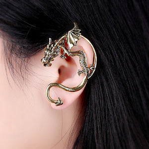 Unisex Statement Punk Dragon Ear Cuff Black Gold Ear Clip