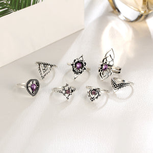 7 Pcs Purple Crystal Trendy Hollow Flower Knuckle Ring Set