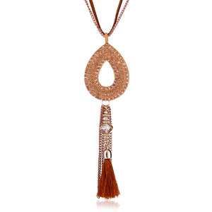 Retro Oval Rhinestone Pendant  Velvet Tassels Long Necklace