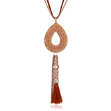 Retro Oval Rhinestone Pendant  Velvet Tassels Long Necklace