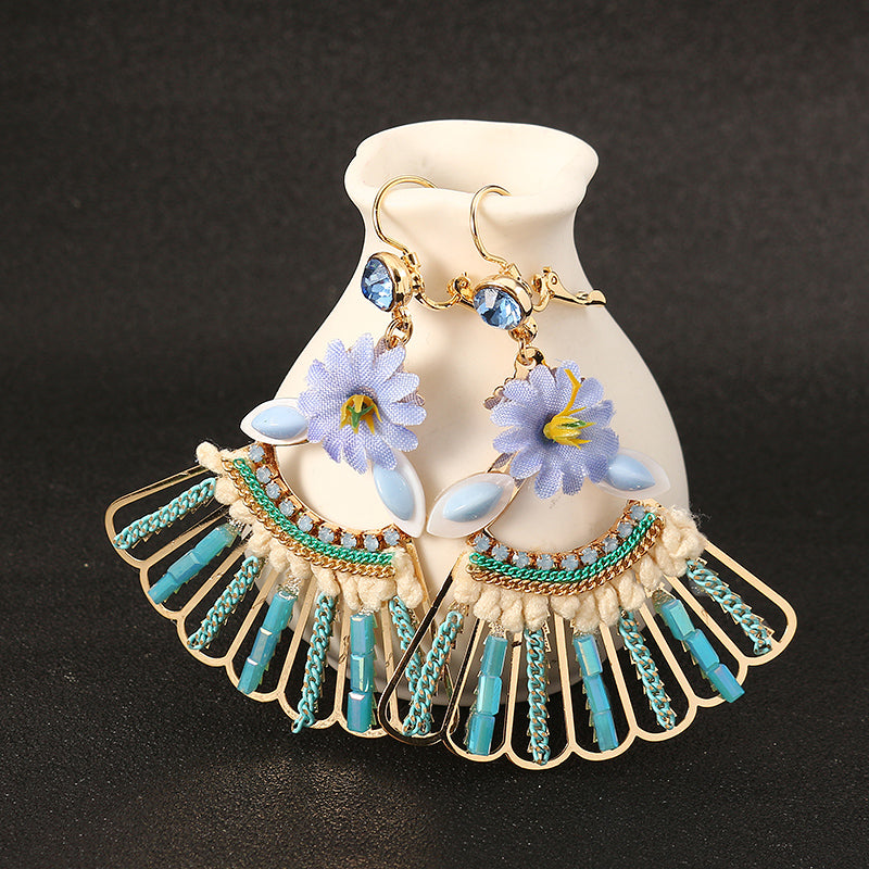 Bohemian 14K Gold Plated Peacock Tail Shape Flower Ear Drop Elegant Blue Opal Earrings for Women