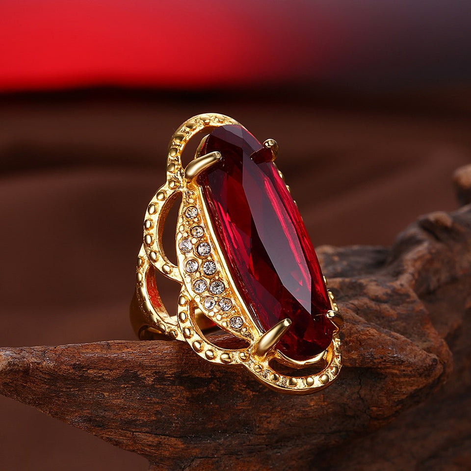 Titanium Steel Red Glass Rhinestone Ring Gold Plated Fashion Ring for Men Women