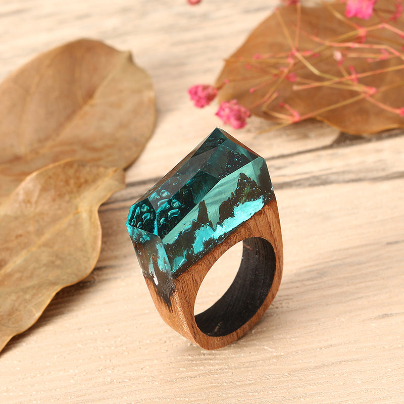 Creative Secret Forest Handmade Blue Snowscape Charm Wood Ring Unisex Jewelry Unique Gift