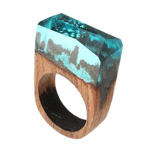 Creative Secret Forest Handmade Blue Snowscape Charm Wood Ring Unisex Jewelry Unique Gift