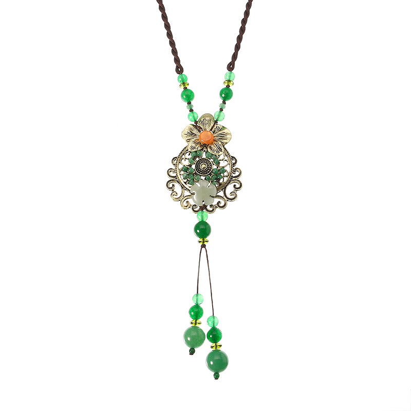 Ethnic Style Necklace Flower Jade Rope Retro Necklace for Women