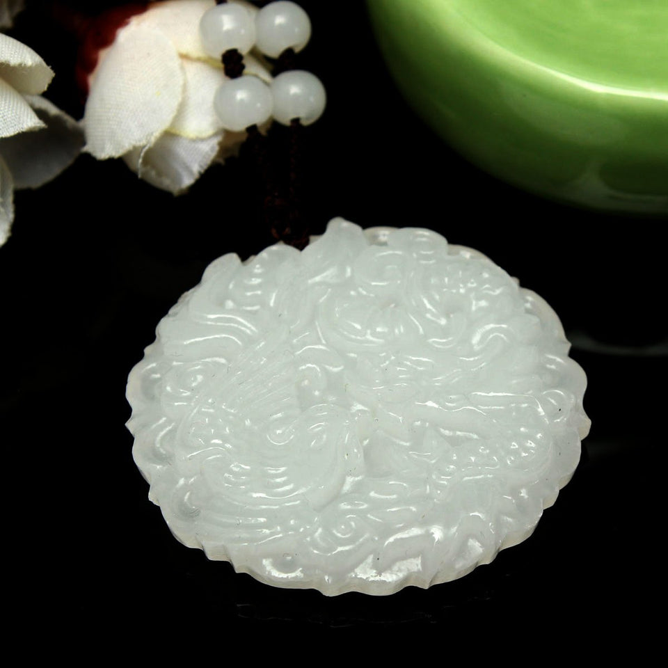 White Jade Dragon Phoenix Tibet Buddhist Lucky Pendant Charm
