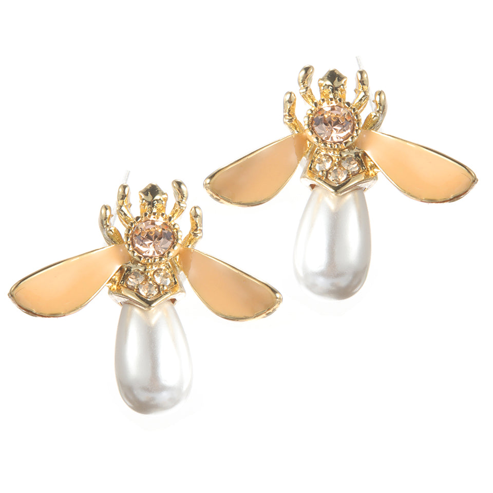 Cute Bees Ear Stud Luxury Gold Plated Gemstone Pearl Earring