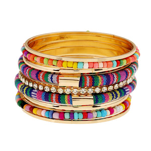 Bohemian Bead Fabric Rhinestone Multilayer Metal Bangle Bracelet 