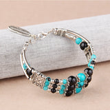 Ethnic Colorful Beads Tibetan Silver Leaf Women Bracelet