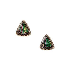 Retro Ethnic Colorful Cloth Triangle Alloy Ear Stud Women Earrings