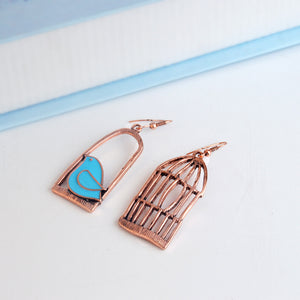 Blue Grey Bird Birdcage Fashion Asymmetric Women Earrings