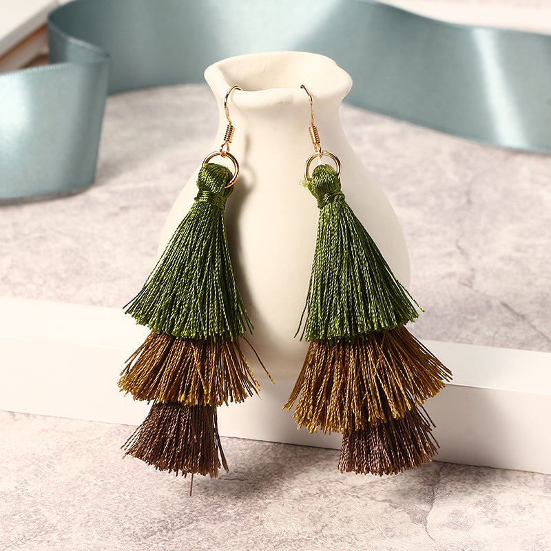 Women's  Bohemian Tassel Earrings Hand-made Three Layers Different Color Ear Drop Unique Gift 