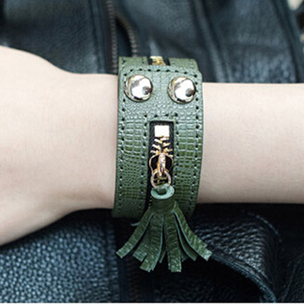 Leather Zipper Wide Tassel Bracelets For Women