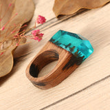 Creative Secret Forest Handmade Blue Snowscape Charm Wood Ring Unisex Jewelry Unique Gift