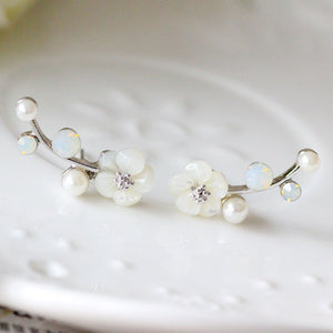 925 Silver Needle Shell Flower Crystal Rhinestone Ear Stud Earrings