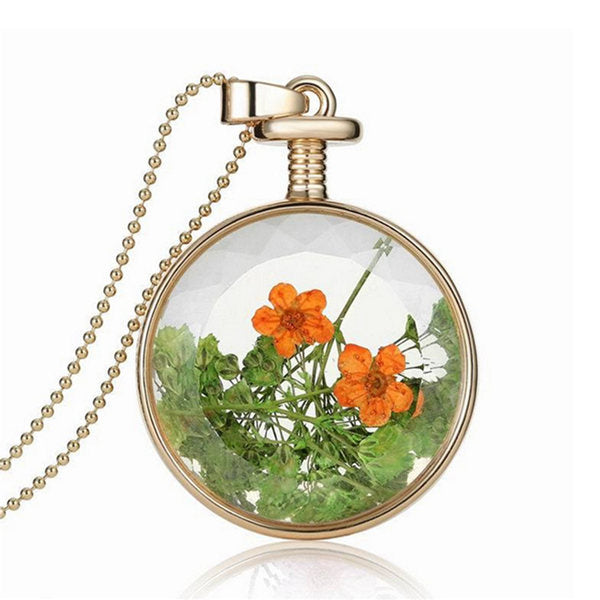 Round Glass Dry Flower Necklace Chain Women Alloy Jewelry