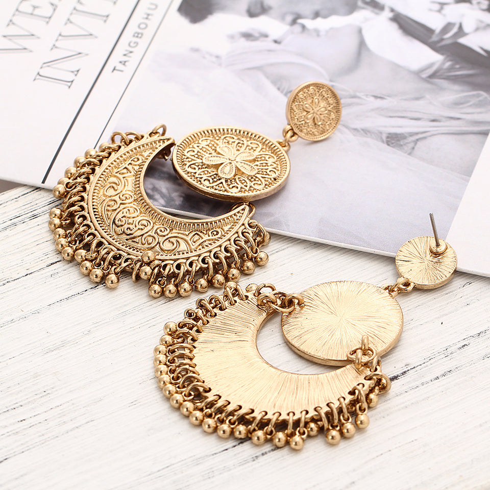 Vintage Ethnic Tassel Flower Moon Drop Dangle Women Earrings