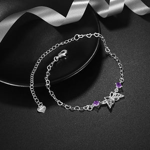 YUEYIN Elegant 925 Silver Plated Purple Rhinestone Butterfly Anklet Bracelet Women Jewelry