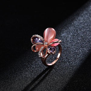 Stylish Pink Flower Opal Crystal Zircon Finger Ring Fine Jewelry for Women Clothing Accessories