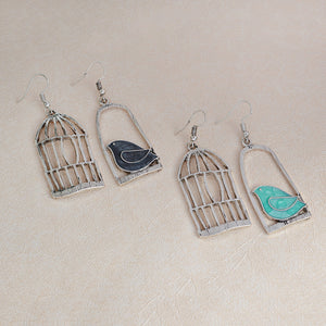 Blue Grey Bird Birdcage Fashion Asymmetric Women Earrings