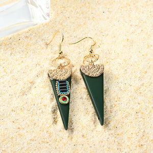 Women Bohemian Earrings Ethnic Gemstone Inlay Triangle Pendant Gold Plated Ear Drop Boho Jewelry