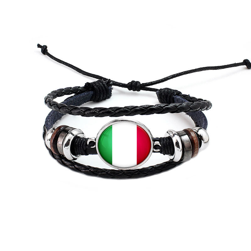 Unisex National Flag Pattern Bracelet Alloy Leather Rope Bracelet for Men Women