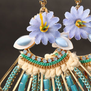 Bohemian 14K Gold Plated Peacock Tail Shape Flower Ear Drop Elegant Blue Opal Earrings for Women