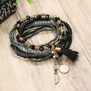 Bohemian Tassel Flower Leaf Pendant Multilayer Beads Bracelets for Women 