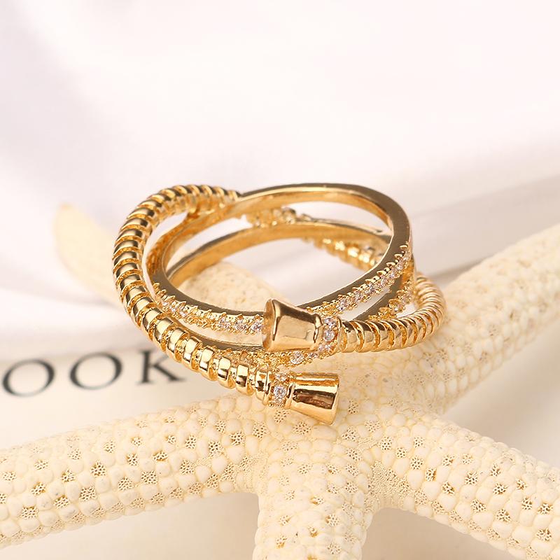 Luxury Sterling 24K Gold Plated Unique Screw Thread Three Round Overlapping Rings Women Jewelry