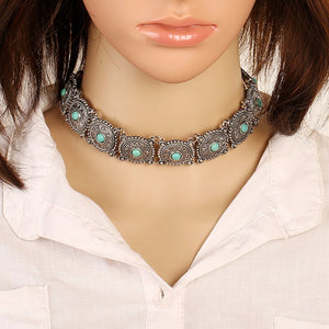 Vintage Carved Flower Turquoise Choker Necklace