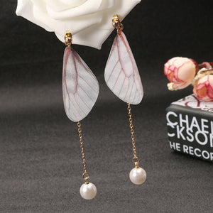 Sweet Chiffon Wings Asymmetric Artificial Pearl Women Earrings