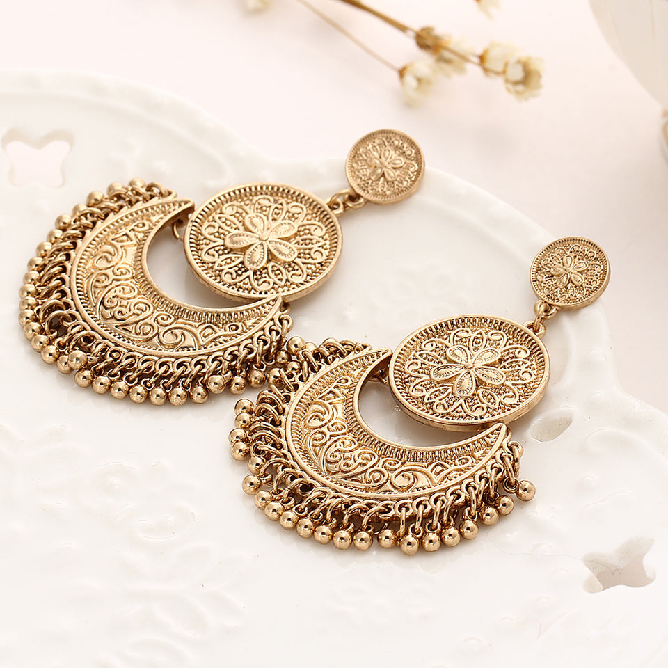 Vintage Ethnic Tassel Flower Moon Drop Dangle Women Earrings