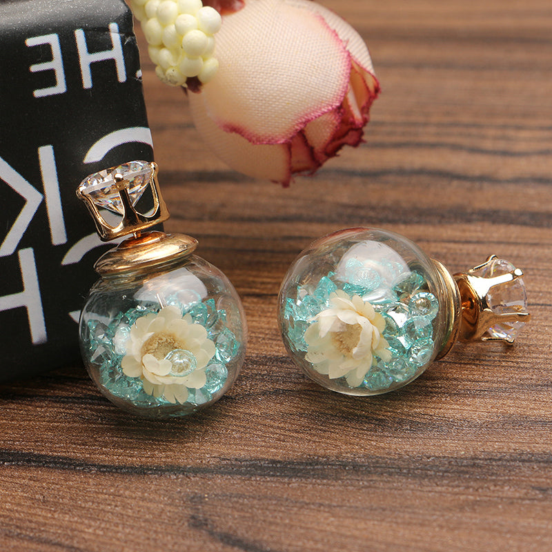 Trendy Colorful Crystal Glass Ball Flower Round Earrings