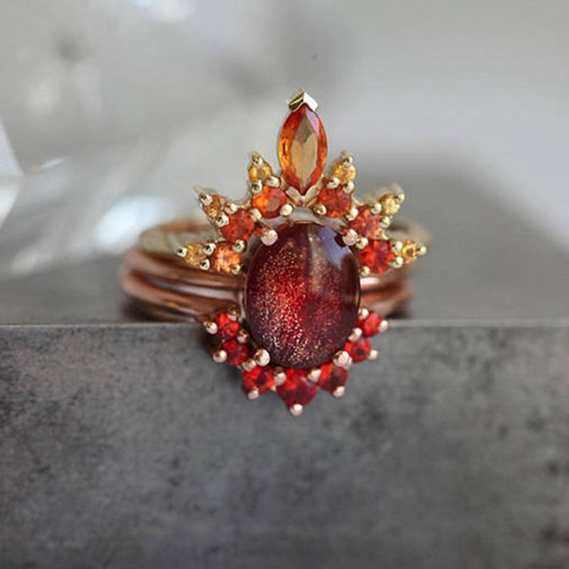 3 Pcs/set Stackable Rings Ruby Crystal Flower Charm Bohemian