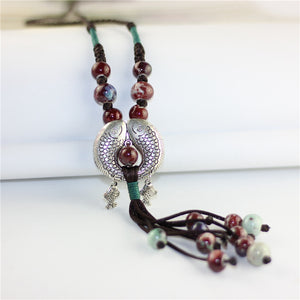 Women's Vintage Fish Pendant Ceramic Beads Tassel Necklace
