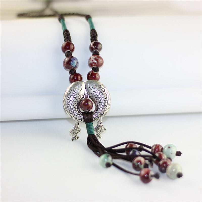 Women's Vintage Fish Pendant Ceramic Beads Tassel Necklace