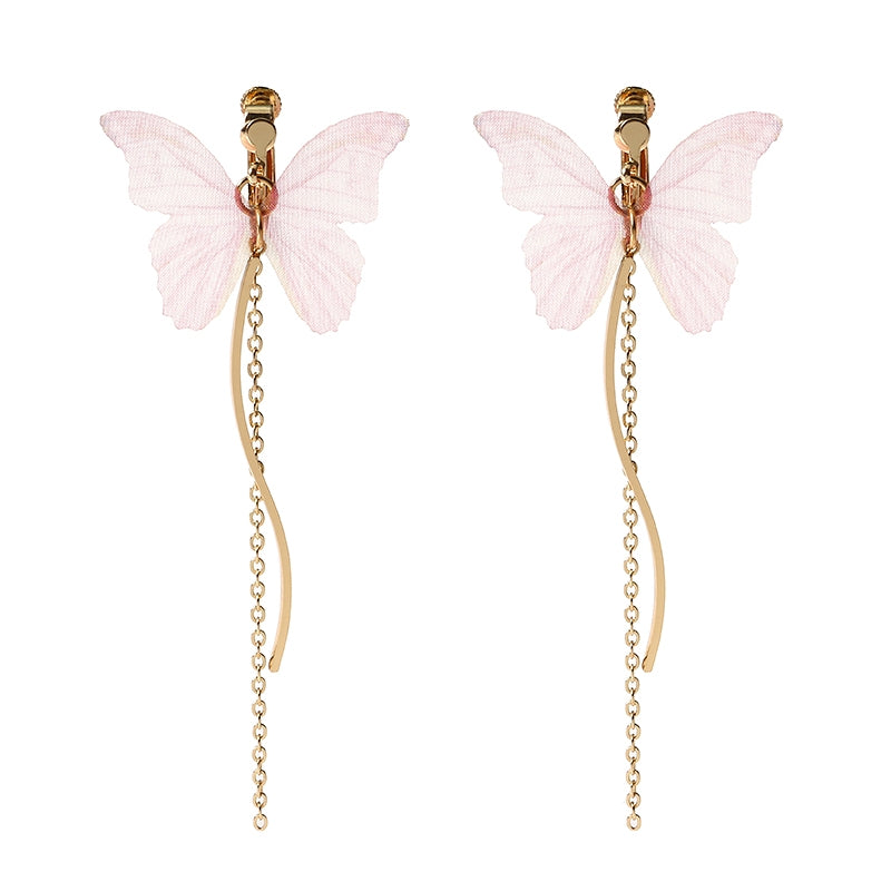 Sweet Pink Butterfly Arc Line Tassel Pendant Ear Clip Drop Earrings Fashion Jewelry for Women 