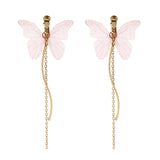 Sweet Pink Butterfly Arc Line Tassel Pendant Ear Clip Drop Earrings Fashion Jewelry for Women 