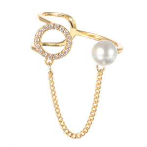 Trendy Open End Ring 18K Gold Plated Zirconia Round Pearl