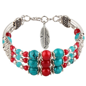 Ethnic Colorful Beads Tibetan Silver Leaf Women Bracelet