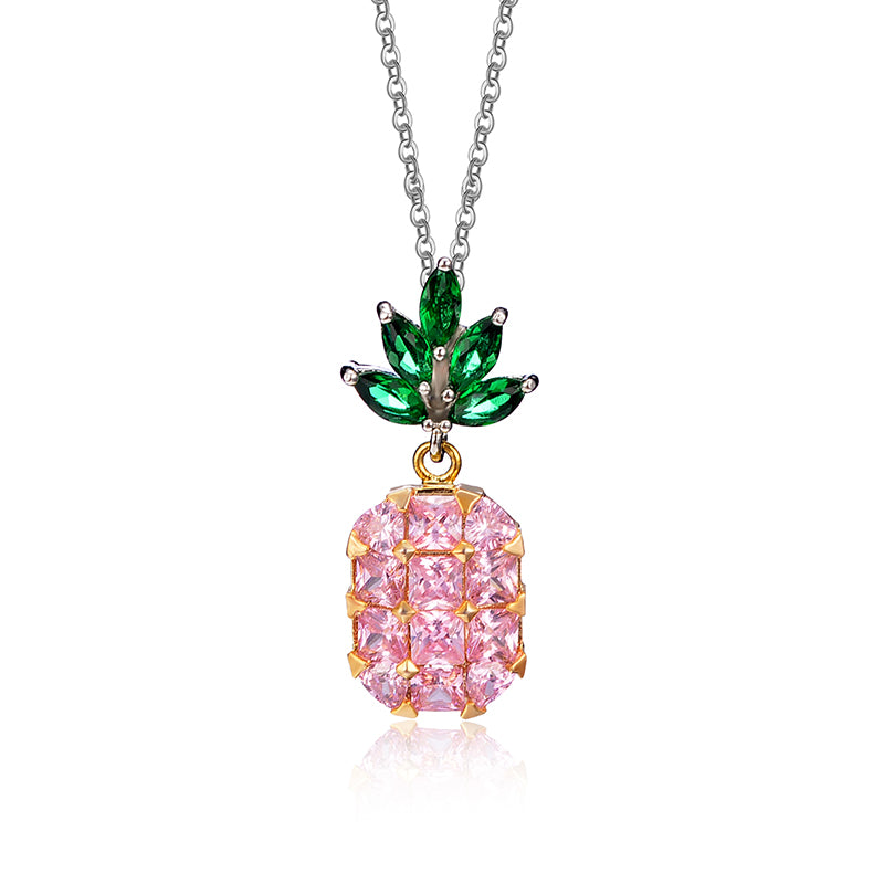 Fashion Shiny Yellow and Pink Zircon Pineapple Pendant Cute Necklace Jewelry for Women