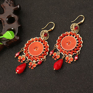 Bohemian Retro 14K Gold Plated Earrings Ethnic Sun Shape Bowknot Red Zircon Ear Drop for Women