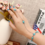 Bohemian Blue Turquoise Ring Bracelet Vintage Alloy Chain Bracelet Women Jewelry