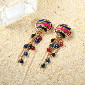 Women Bohemian Earrings Gold Plated Round Charm Tassel Colorful Bead Pendant Ear Clip Boho Jewelry