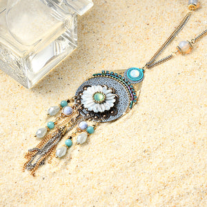 Bohemian Tassel Beaded Long Necklace Crystal Flower Pendant Women's Jewelry 