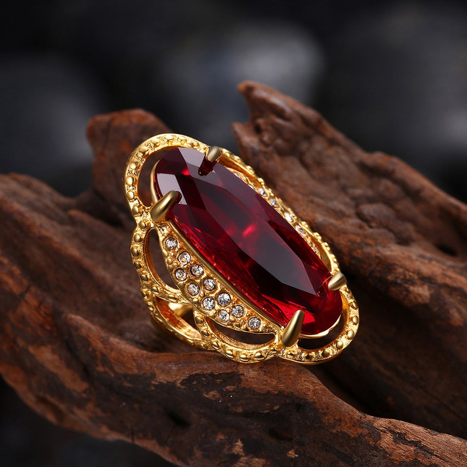 Titanium Steel Red Glass Rhinestone Ring Gold Plated Fashion Ring for Men Women