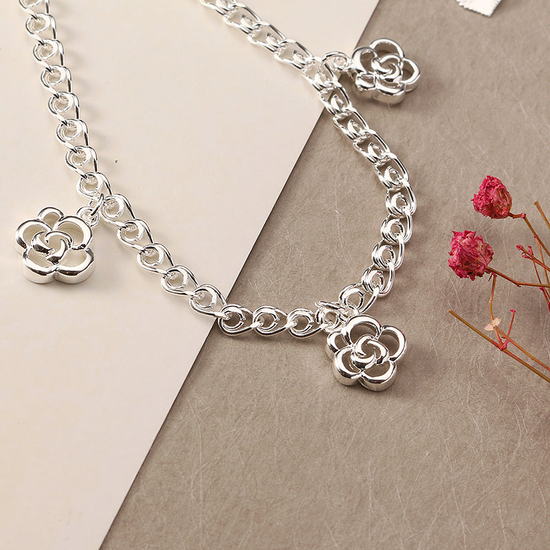 Simple Hollow Flower Pendant Silver Plated Adjustable Anklet