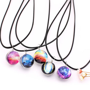 Vintage Colorful Leather Rope Galaxy Planet Star Glass Ball Pendant Women Necklace 